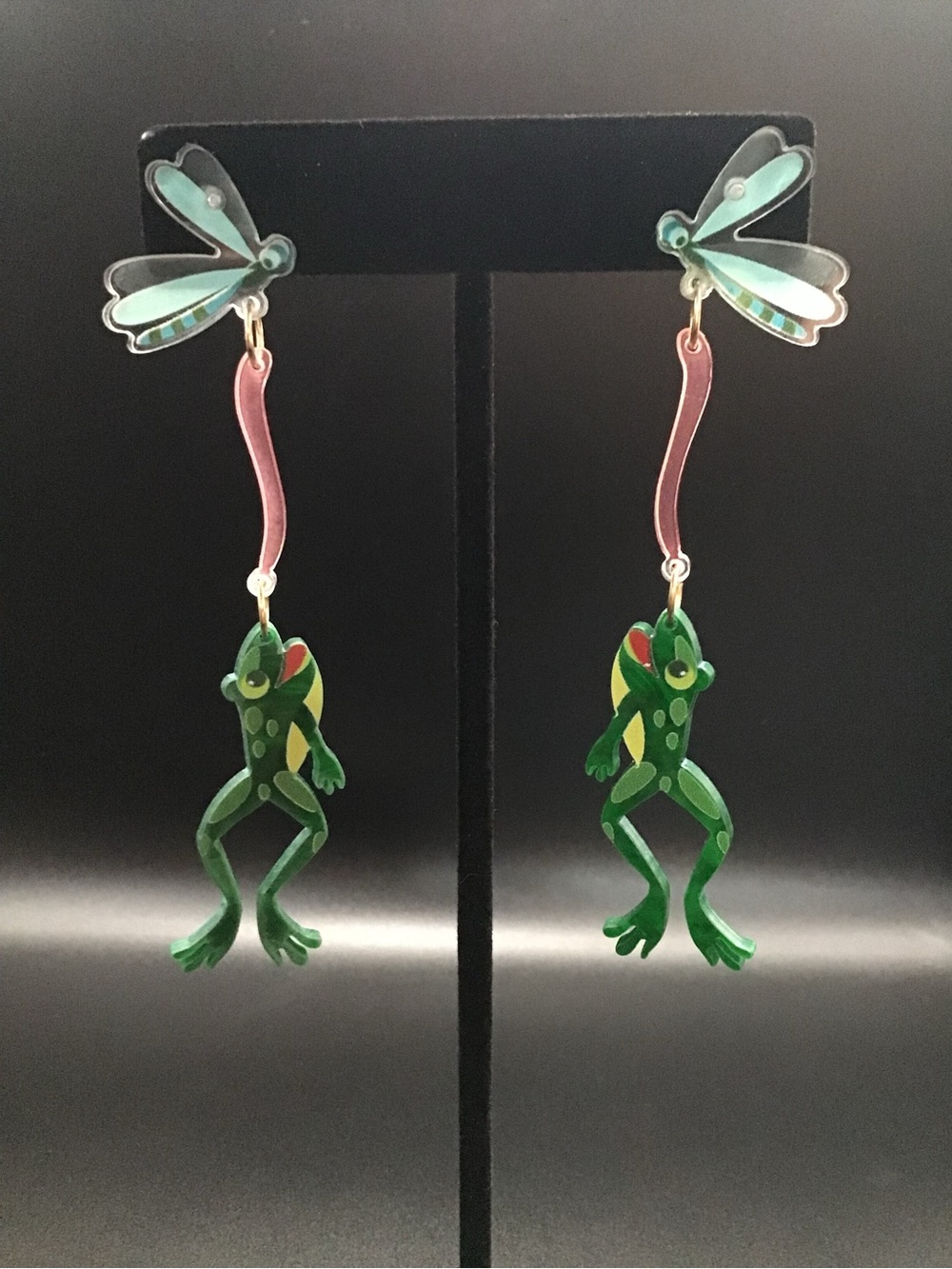 Whimsical Green Frog Dangle Earrings with Pink Accents